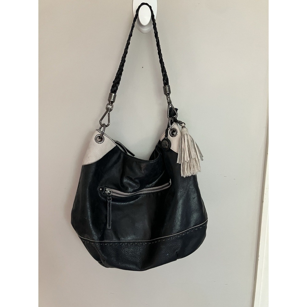 The Sak Black Leather Hobo Shoulder Bag Tassel Braided Strap Boho Slouchy Purse